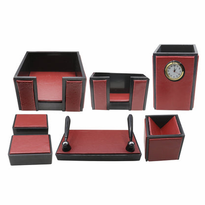 Senator Rexine Leather Office Desk Organizer 7pcs Set With Watch #20(Red)