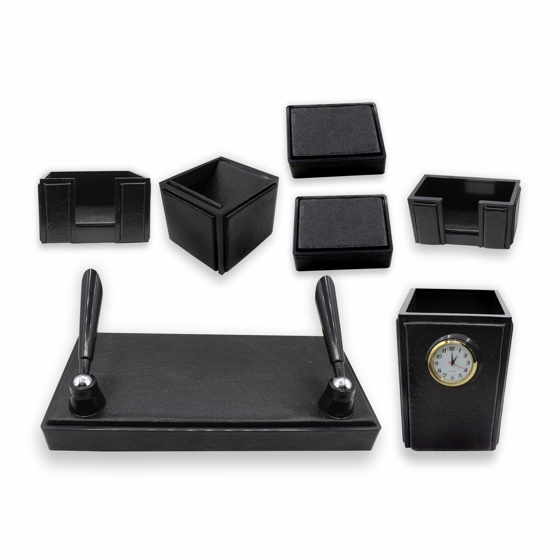 Senator Rexine Leather Office Desk Organizer 7pcs Set With Watch #20(Black)