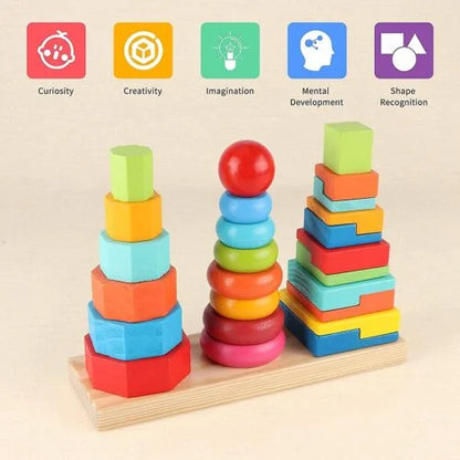 Wooden Rainbow Three Column Shape Stacking Tower