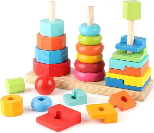 Wooden Rainbow Three Column Shape Stacking Tower