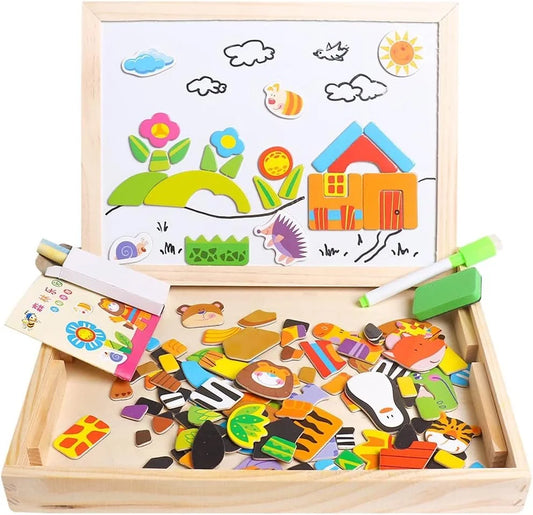 Wooden Double Sided Magnetic Puzzle Drawing Easel Board