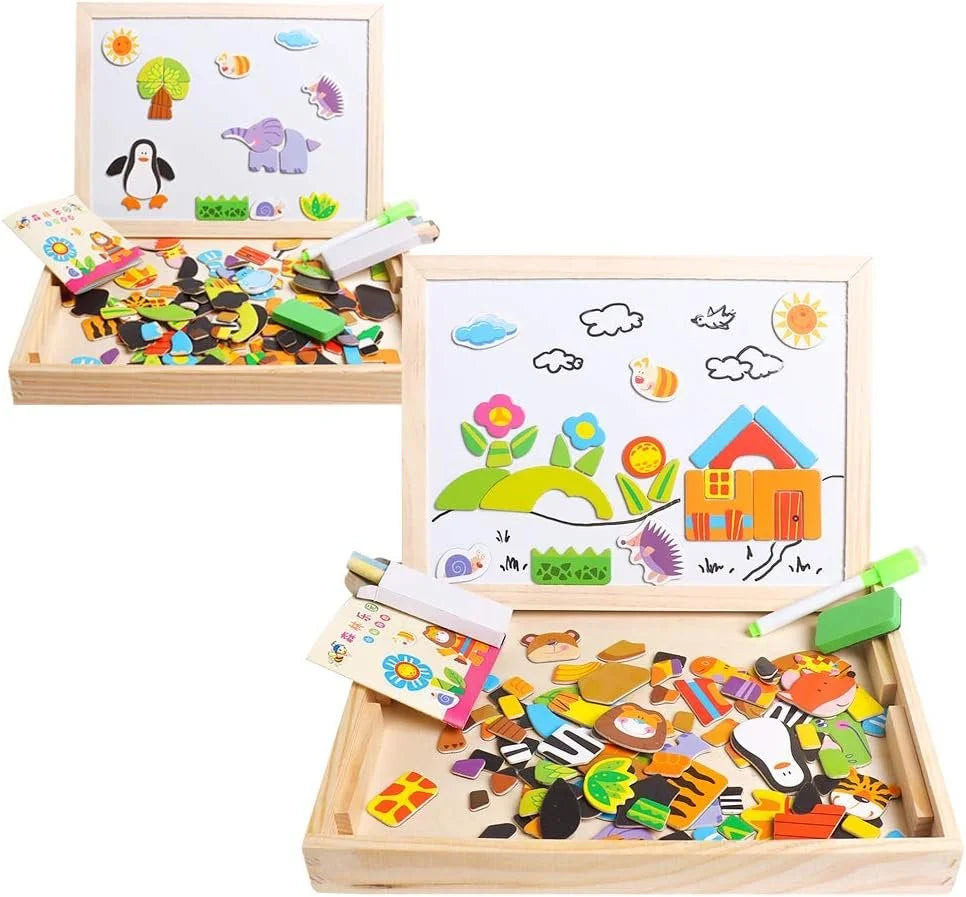 Wooden Double Sided Magnetic Puzzle Drawing Easel Board